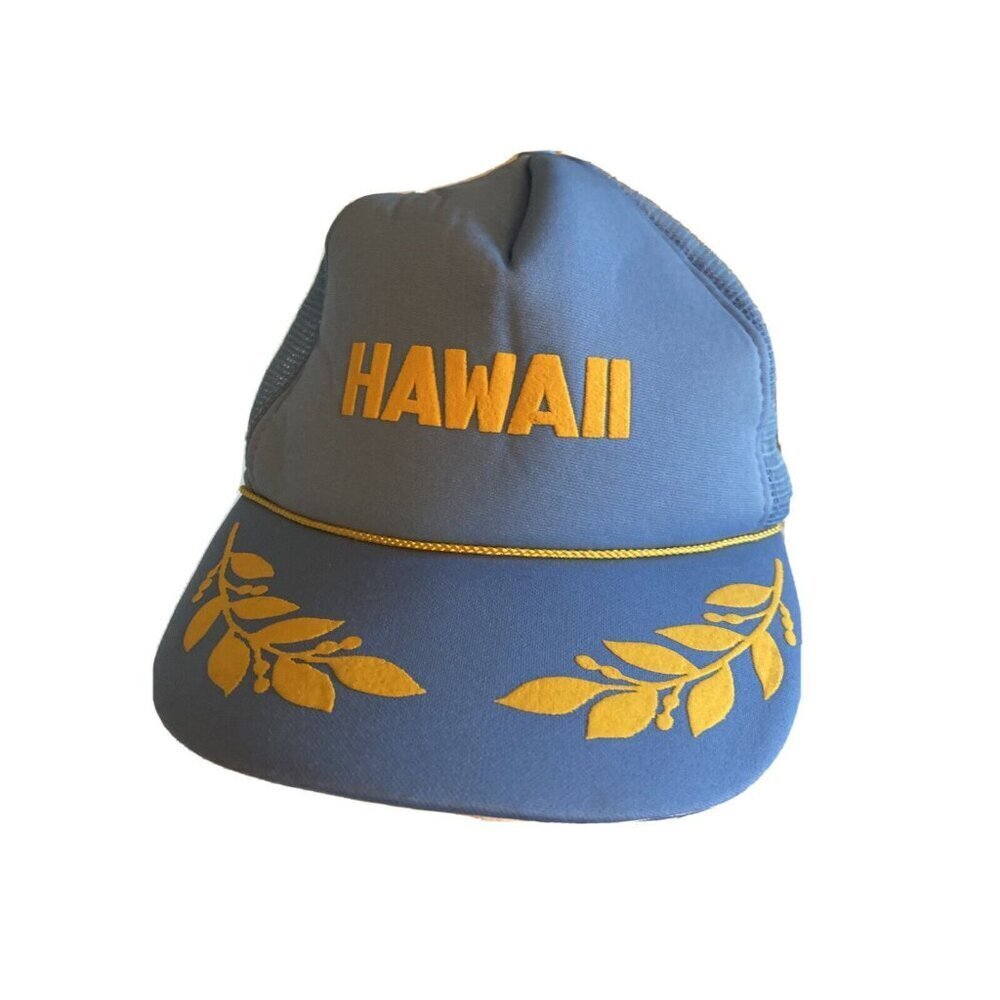 Vintage Hawaiian Headwear Blue Hawaii Trucker‎ Hat Mesh Snapback Laurel Leaves